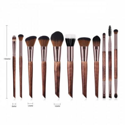 MOQ 20 Sets Custom Own Brand LOGO 11PCS Coffee Wood Handle Foundation Brush Eye Shadow Eyebrow Brush Makeup Brushes Set