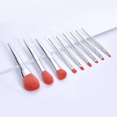 MOQ 20 Sets Custom Your Own LOGO 9pcs Silver Handle Face Beauty Eye Shadow Brush Foundation Brush Makeup Brushes Set