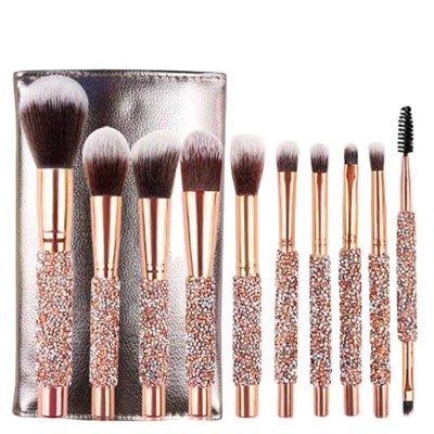 Rose Golden Glitter Handle 10pcs Crystal Diamond Foundation Brush Set With Pu Bag Makeup Brushes